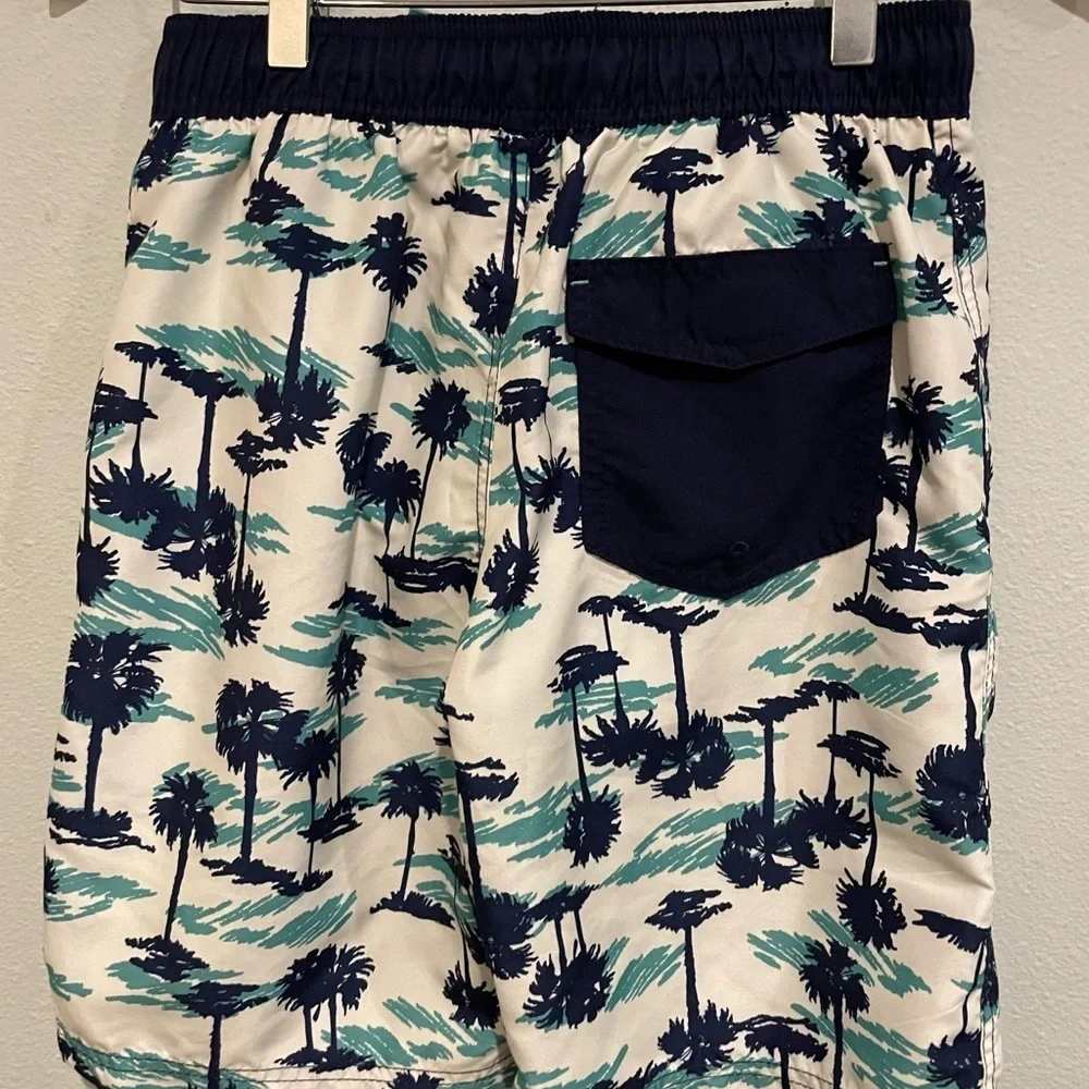 Cat & Jack boys swim shorts L 12/14 navy/aqua/white palm tree novelty pr…